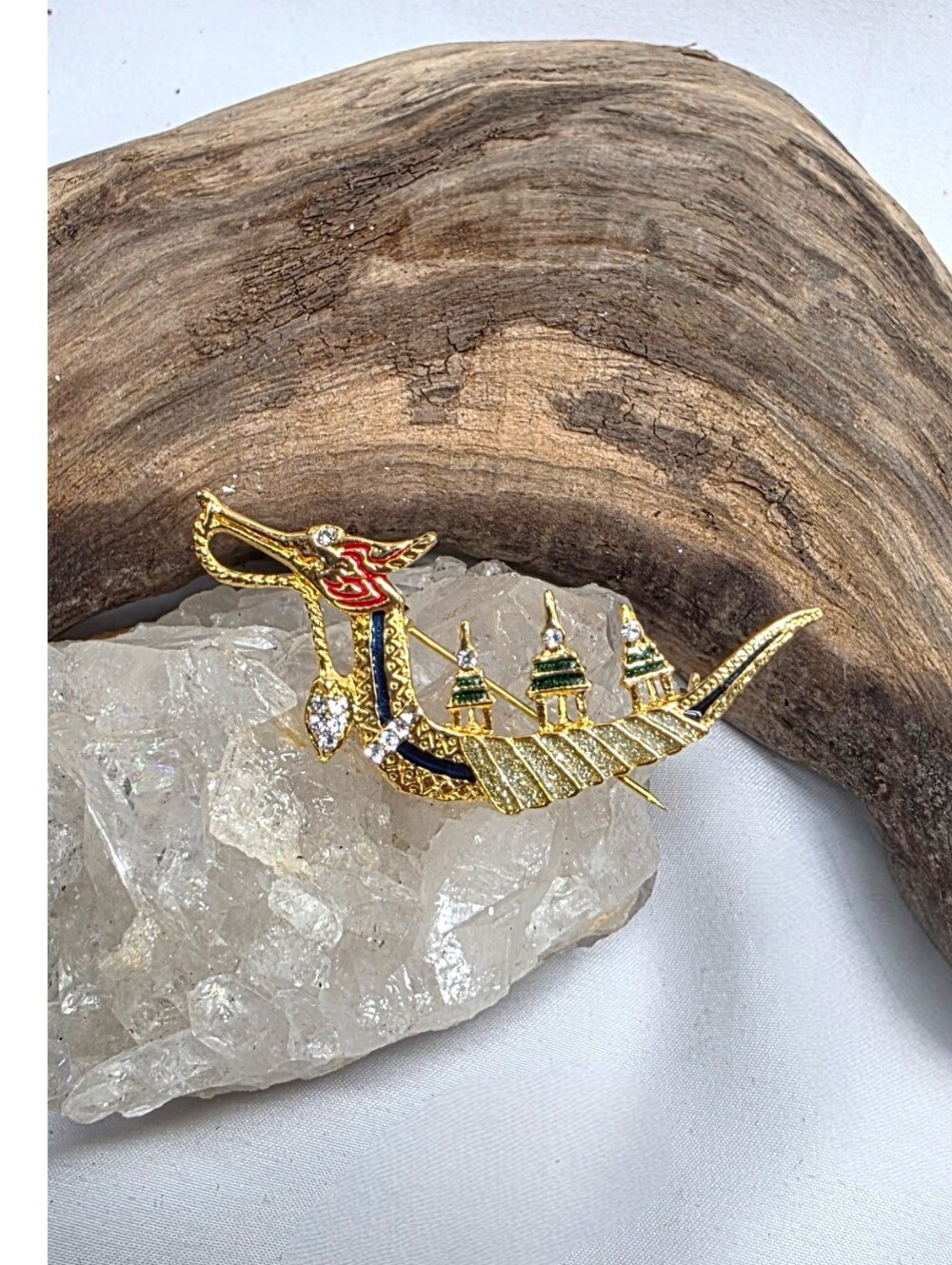 Vintage Dragon Boat Rhinestone Brooch | Enamel & Gold Tone